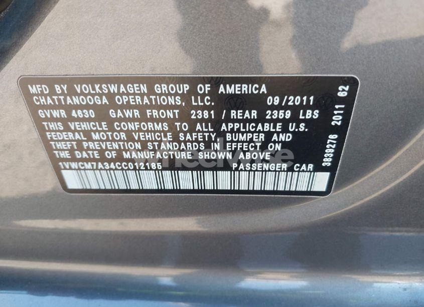 Photo 9 of 2012 Volkswagen Passat 3.6L V6 SEL PREMIUM (VIN 1VWCM7A34CC012185)