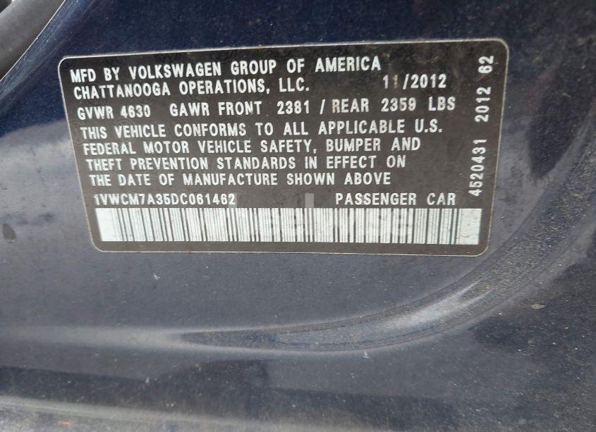 Photo 9 of 2013 Volkswagen Passat 3.6L V6 SEL PREMIUM (VIN 1VWCM7A35DC061462)