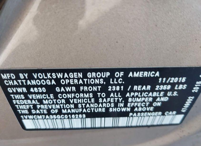 Photo 9 of 2016 Volkswagen Passat V6 SEL PREMIUM (VIN 1VWCM7A35GC016283)