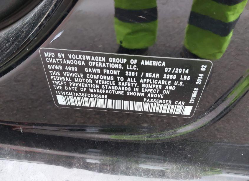 Photo 9 of 2015 Volkswagen Passat 3.6L V6 SEL PREMIUM (VIN 1VWCM7A36FC005596)