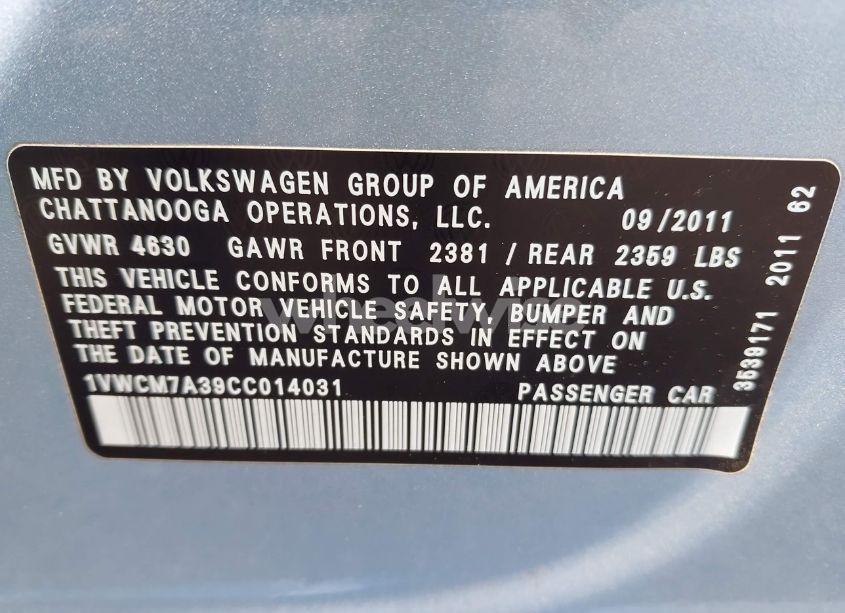 Photo 9 of 2012 Volkswagen Passat 3.6L V6 SEL PREMIUM (VIN 1VWCM7A39CC014031)