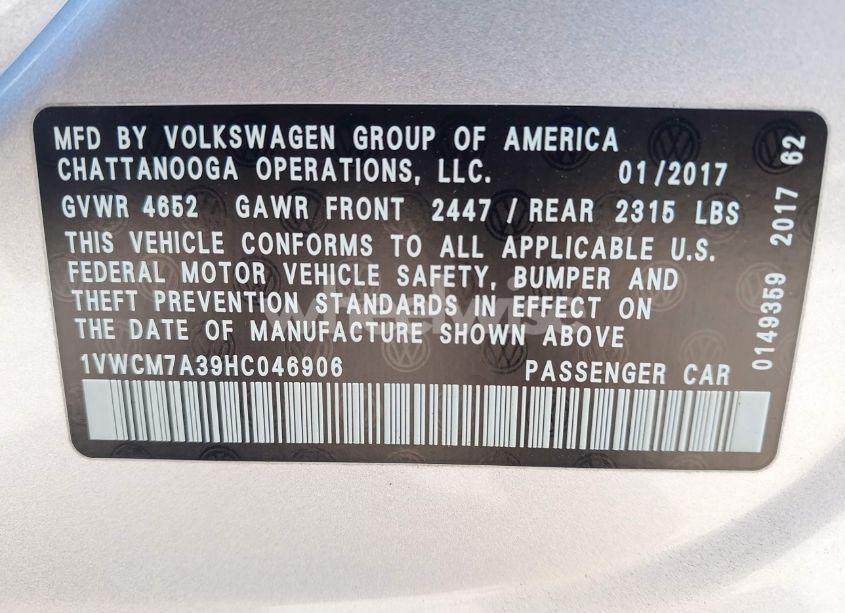Photo 9 of 2017 Volkswagen Passat V6 SEL PREMIUM (VIN 1VWCM7A39HC046906)