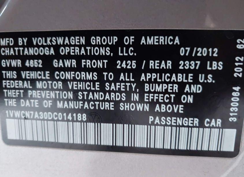 Photo 9 of 2013 Volkswagen Passat 2.0L TDI SEL PREMIUM (VIN 1VWCN7A30DC014188)