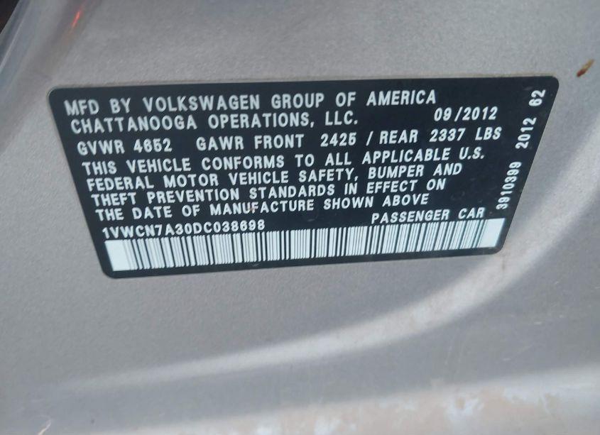 Photo 9 of 2013 Volkswagen Passat 2.0L TDI SEL PREMIUM (VIN 1VWCN7A30DC038698)