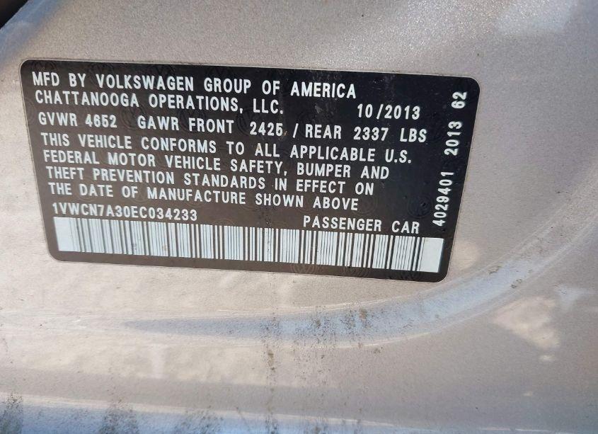 Photo 9 of 2014 Volkswagen Passat 2.0L TDI SEL PREMIUM (VIN 1VWCN7A30EC034233)