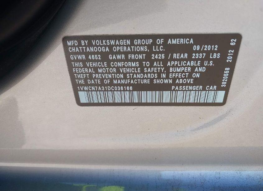 Photo 9 of 2013 Volkswagen Passat 2.0L TDI SEL PREMIUM (VIN 1VWCN7A31DC036166)