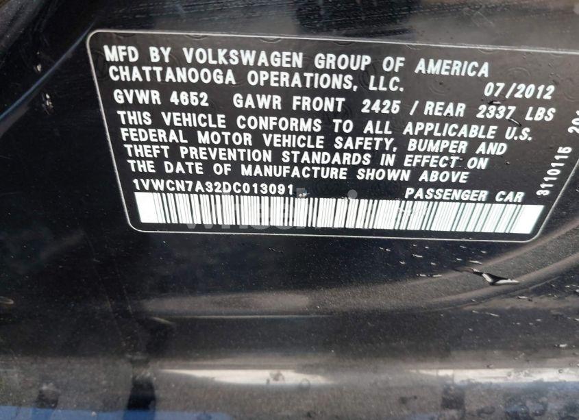 Photo 9 of 2013 Volkswagen Passat 2.0L TDI SEL PREMIUM (VIN 1VWCN7A32DC013091)