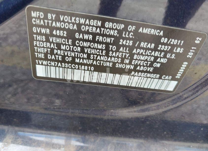 Photo 9 of 2012 Volkswagen Passat 2.0L TDI SEL PREMIUM (VIN 1VWCN7A33CC016810)