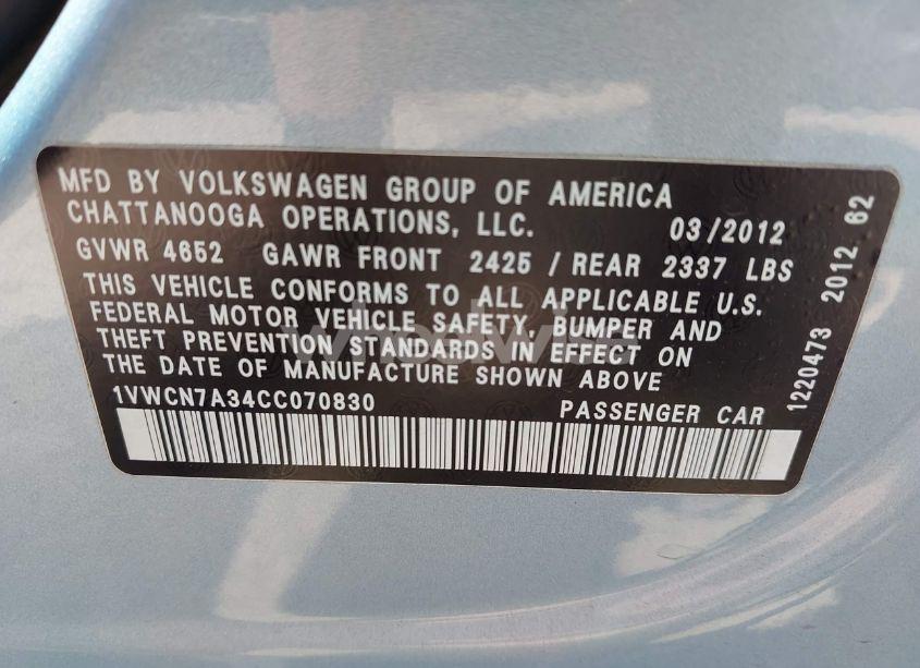 Photo 9 of 2012 Volkswagen Passat 2.0L TDI SEL PREMIUM (VIN 1VWCN7A34CC070830)