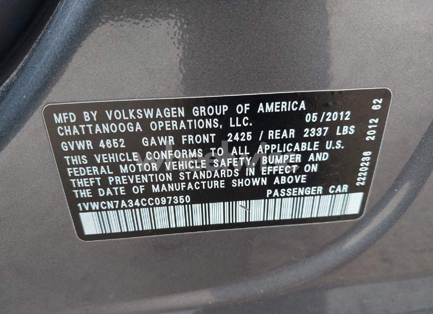 Photo 9 of 2012 Volkswagen Passat 2.0L TDI SEL PREMIUM (VIN 1VWCN7A34CC097350)