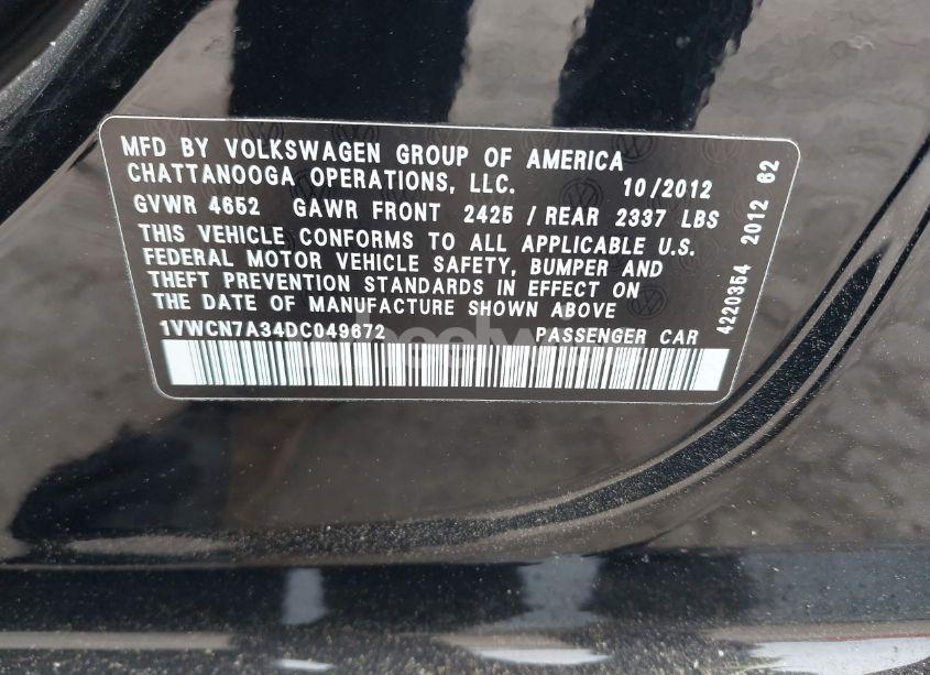Photo 9 of 2013 Volkswagen Passat 2.0L TDI SEL PREMIUM (VIN 1VWCN7A34DC049672)