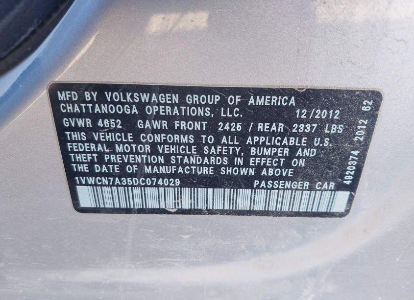 Photo 9 of 2013 Volkswagen Passat 2.0L TDI SEL PREMIUM (VIN 1VWCN7A35DC074029)