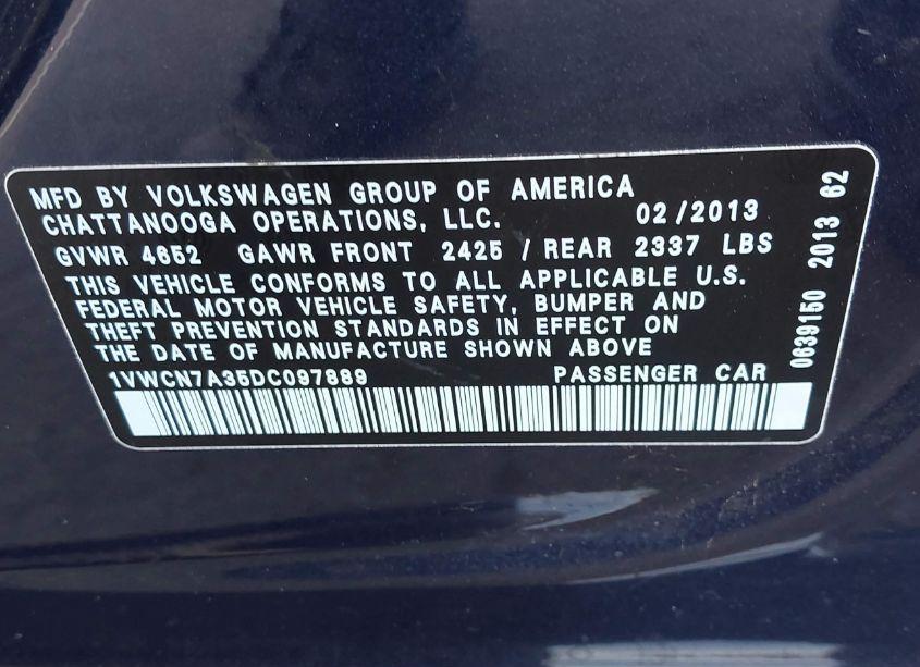 Photo 9 of 2013 Volkswagen Passat 2.0L TDI SEL PREMIUM (VIN 1VWCN7A35DC097889)