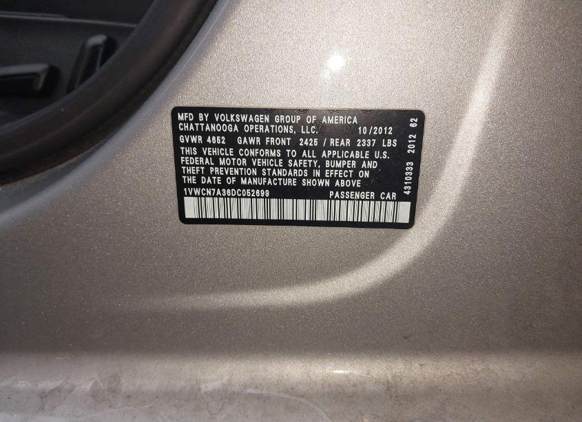 Photo 9 of 2013 Volkswagen Passat 2.0L TDI SEL PREMIUM (VIN 1VWCN7A36DC052699)