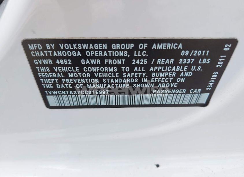 Photo 9 of 2012 Volkswagen Passat 2.0L TDI SEL PREMIUM (VIN 1VWCN7A37CC015997)