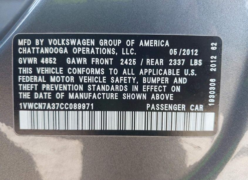 Photo 9 of 2012 Volkswagen Passat 2.0L TDI SEL PREMIUM (VIN 1VWCN7A37CC089971)