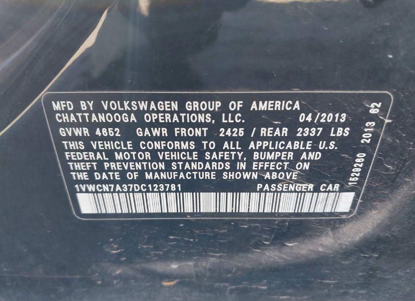 Photo 9 of 2013 Volkswagen Passat 2.0L TDI SEL PREMIUM (VIN 1VWCN7A37DC123781)