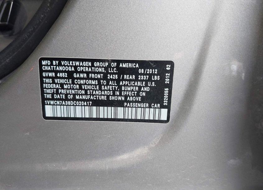 Photo 9 of 2013 Volkswagen Passat 2.0L TDI SEL PREMIUM (VIN 1VWCN7A38DC020417)