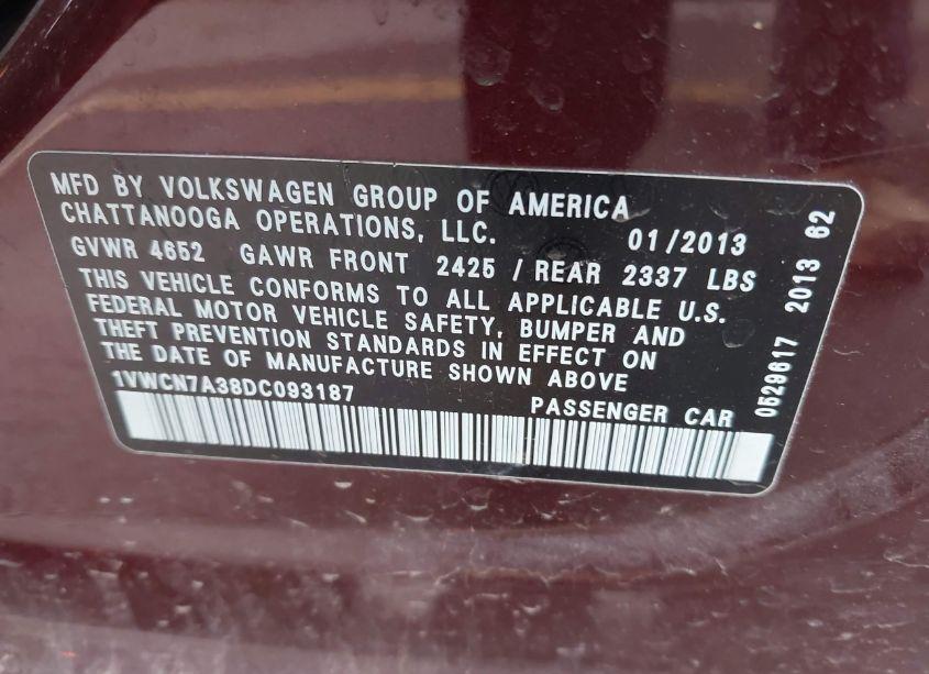 Photo 9 of 2013 Volkswagen Passat 2.0L TDI SEL PREMIUM (VIN 1VWCN7A38DC093187)