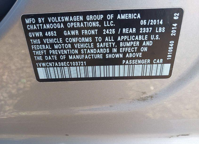 Photo 9 of 2014 Volkswagen Passat 2.0L TDI SEL PREMIUM (VIN 1VWCN7A38EC103721)