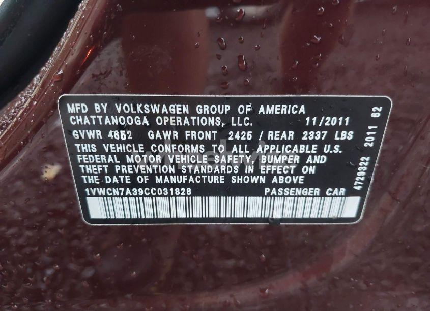 Photo 9 of 2012 Volkswagen Passat 2.0L TDI SEL PREMIUM (VIN 1VWCN7A39CC031828)