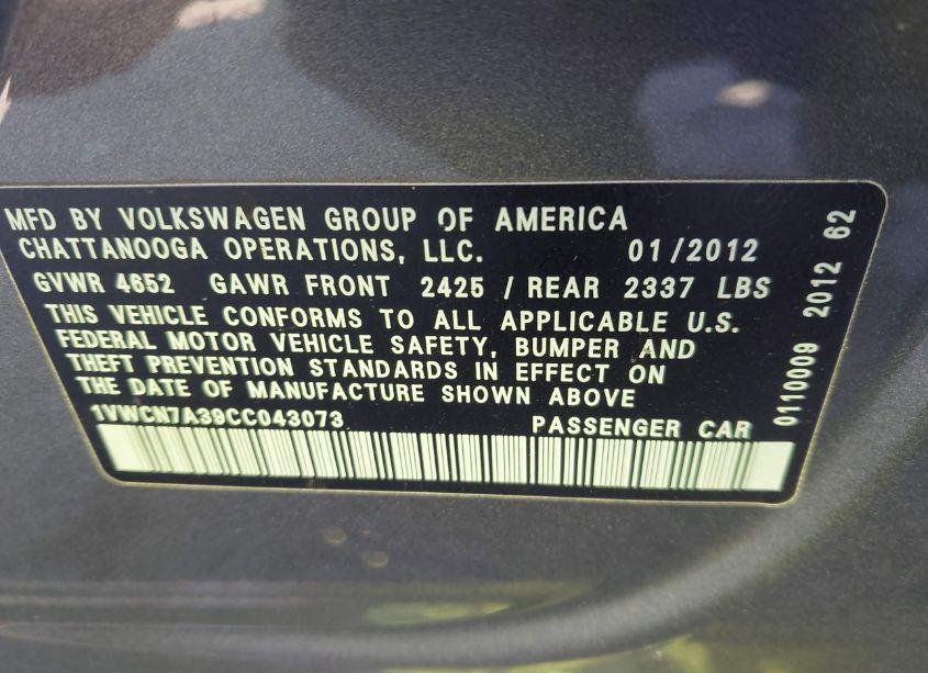 Photo 9 of 2012 Volkswagen Passat 2.0L TDI SEL PREMIUM (VIN 1VWCN7A39CC043073)