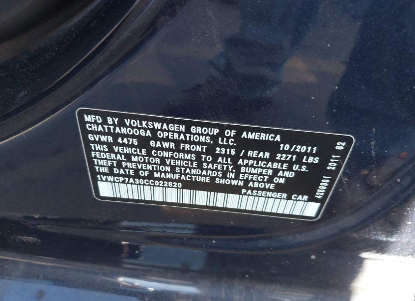 Photo 9 of 2012 Volkswagen Passat 2.5L SEL (VIN 1VWCP7A30CC022820)