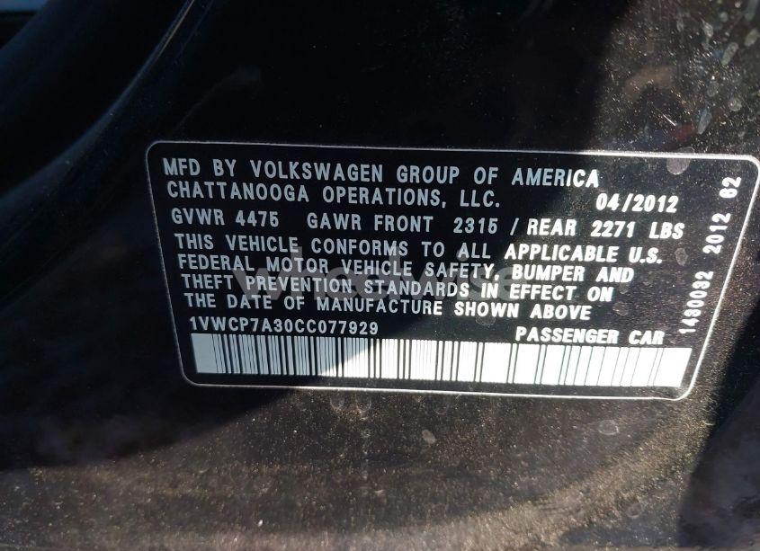 Photo 9 of 2012 Volkswagen Passat 2.5L SEL PREMIUM (VIN 1VWCP7A30CC077929)