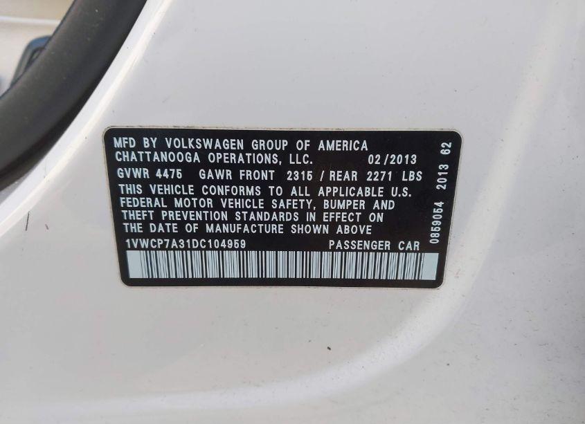Photo 9 of 2013 Volkswagen Passat 2.5L SEL (VIN 1VWCP7A31DC104959)