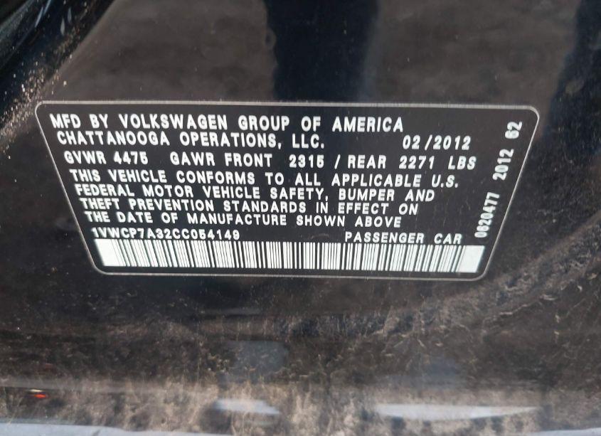 Photo 9 of 2012 Volkswagen Passat 2.5L SEL (VIN 1VWCP7A32CC054149)