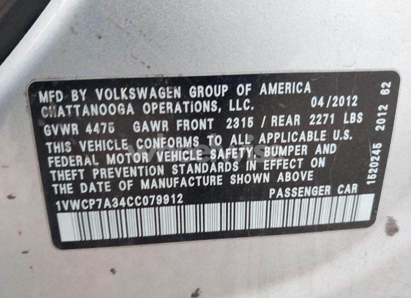Photo 9 of 2012 Volkswagen Passat 2.5L SEL PREMIUM (VIN 1VWCP7A34CC079912)