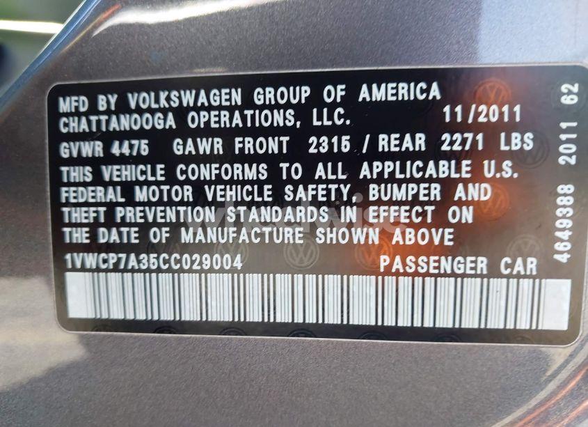 Photo 9 of 2012 Volkswagen Passat 2.5L SEL (VIN 1VWCP7A35CC029004)