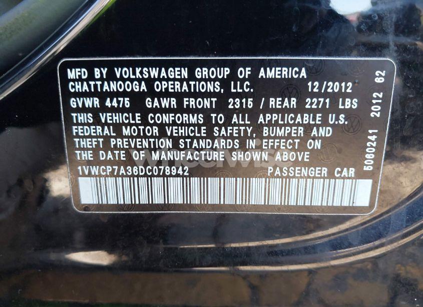 Photo 9 of 2013 Volkswagen Passat 2.5L SEL PREMIUM (VIN 1VWCP7A36DC078942)