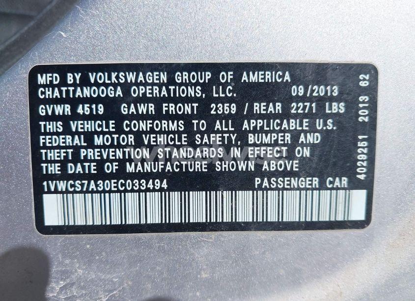 Photo 9 of 2014 Volkswagen Passat 1.8T SEL PREMIUM (VIN 1VWCS7A30EC033494)