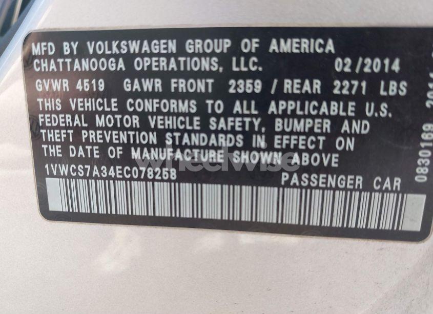 Photo 9 of 2014 Volkswagen Passat 1.8T SEL PREMIUM (VIN 1VWCS7A34EC078258)