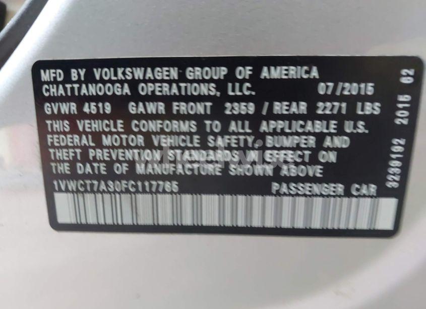 Photo 9 of 2015 Volkswagen Passat 1.8T SEL PREMIUM (VIN 1VWCT7A30FC117765)