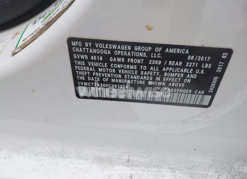 Photo 9 of 2017 Volkswagen Passat 1.8T SEL PREMIUM (VIN 1VWCT7A30HC081224)