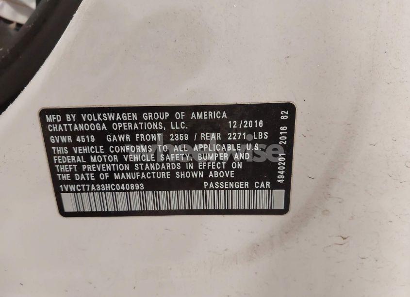 Photo 9 of 2017 Volkswagen Passat 1.8T SEL PREMIUM (VIN 1VWCT7A33HC040893)