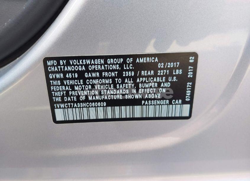 Photo 9 of 2017 Volkswagen Passat 1.8T SEL PREMIUM (VIN 1VWCT7A33HC060609)