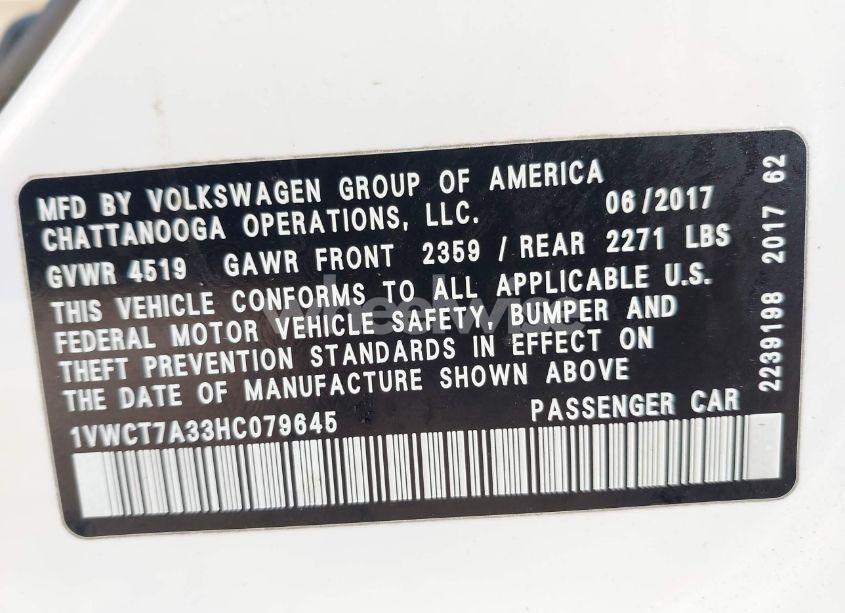 Photo 9 of 2017 Volkswagen Passat 1.8T SEL PREMIUM (VIN 1VWCT7A33HC079645)