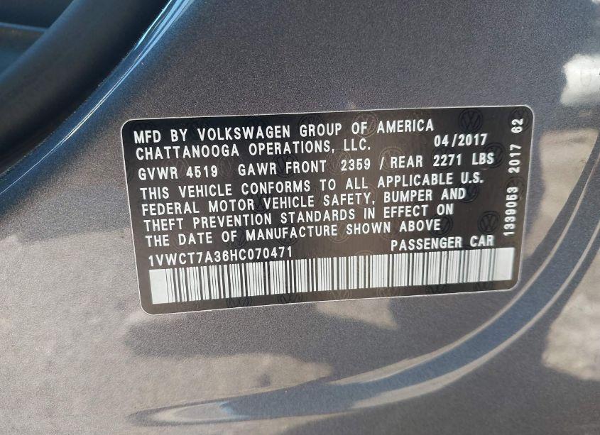 Photo 9 of 2017 Volkswagen Passat 1.8T SEL PREMIUM (VIN 1VWCT7A36HC070471)