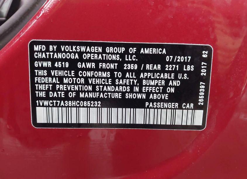 Photo 9 of 2017 Volkswagen Passat 1.8T SEL PREMIUM (VIN 1VWCT7A38HC085232)
