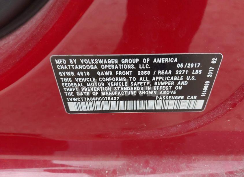 Photo 9 of 2017 Volkswagen Passat 1.8T SEL PREMIUM (VIN 1VWCT7A39HC075437)
