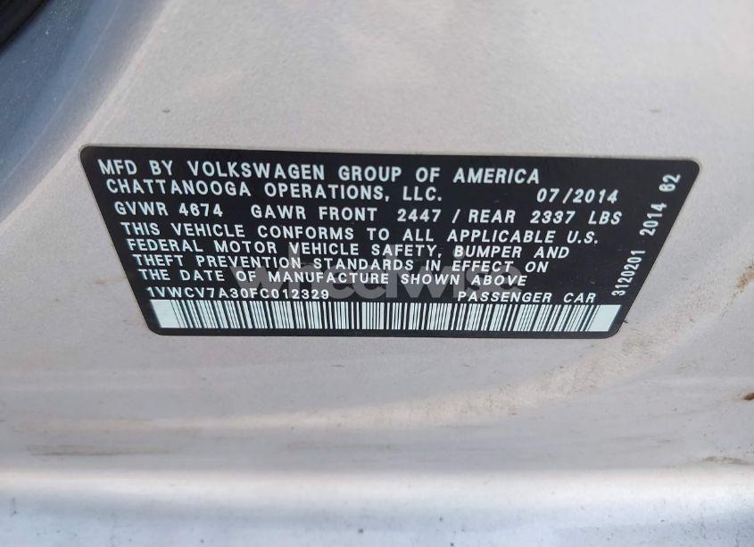 Photo 9 of 2015 Volkswagen Passat 2.0L TDI SEL PREMIUM (VIN 1VWCV7A30FC012329)