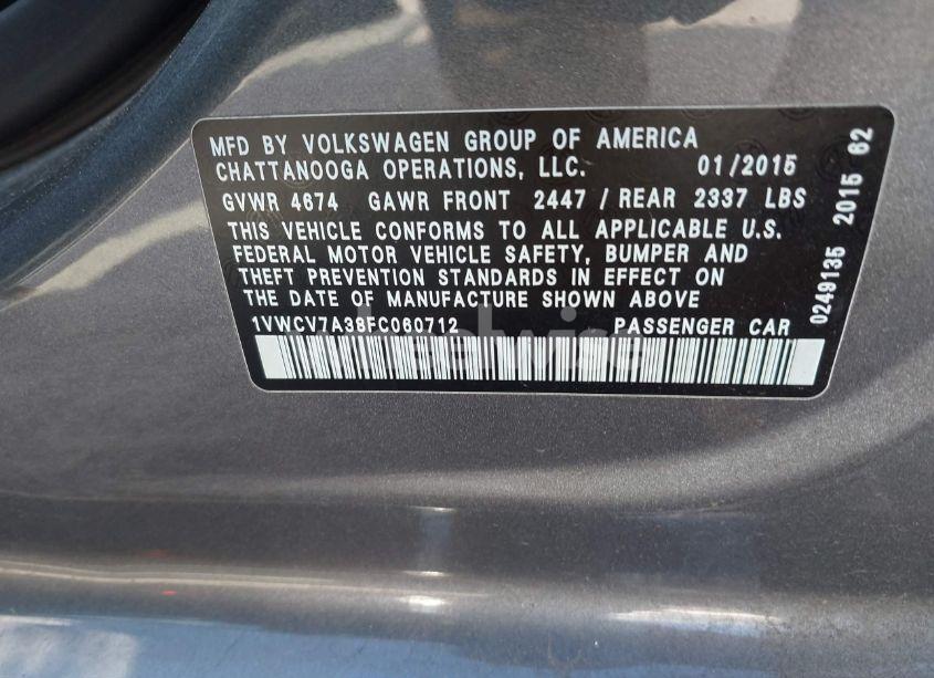 Photo 9 of 2015 Volkswagen Passat 2.0L TDI SEL PREMIUM (VIN 1VWCV7A38FC060712)