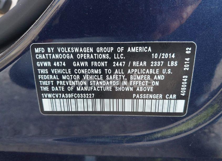 Photo 9 of 2015 Volkswagen Passat 2.0L TDI SEL PREMIUM (VIN 1VWCV7A39FC033227)