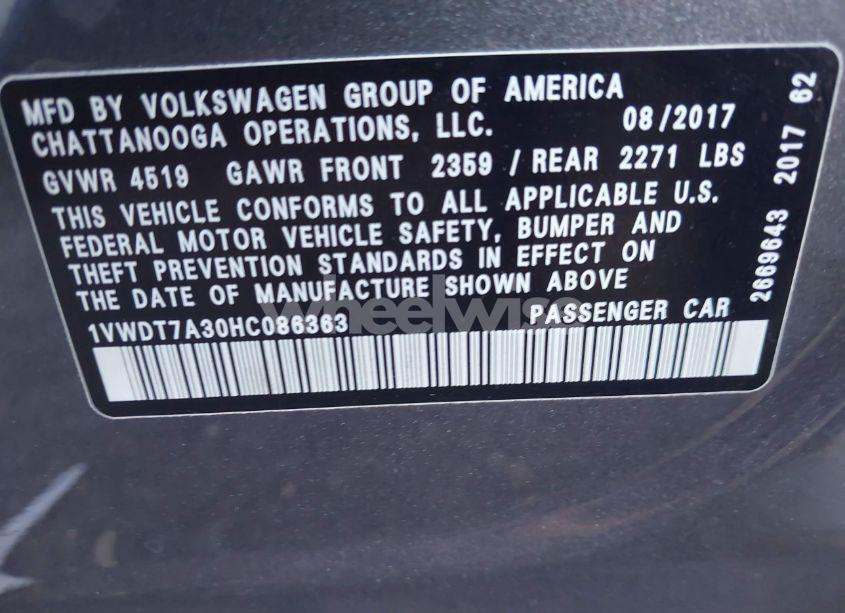 Photo 9 of 2017 Volkswagen Passat 1.8T R-LINE (VIN 1VWDT7A30HC086363)