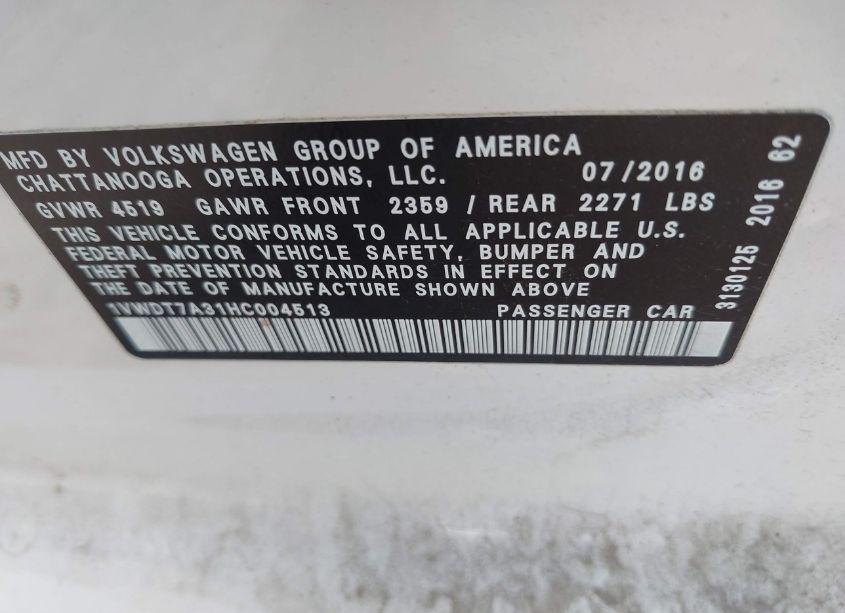 Photo 9 of 2017 Volkswagen Passat 1.8T R-LINE (VIN 1VWDT7A31HC004513)