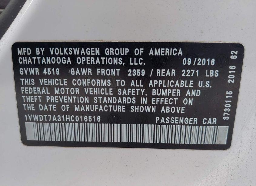 Photo 9 of 2017 Volkswagen Passat 1.8T R-LINE (VIN 1VWDT7A31HC016516)