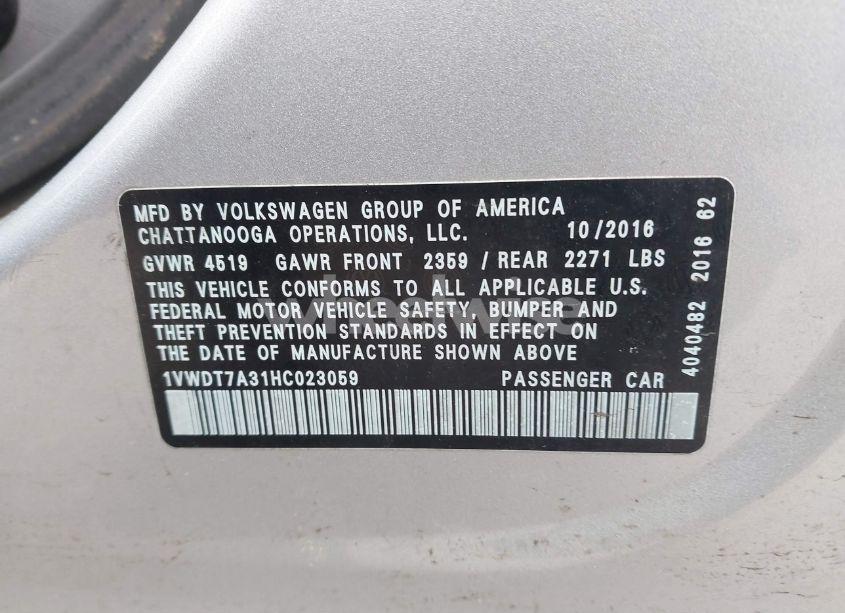 Photo 9 of 2017 Volkswagen Passat 1.8T R-LINE (VIN 1VWDT7A31HC023059)